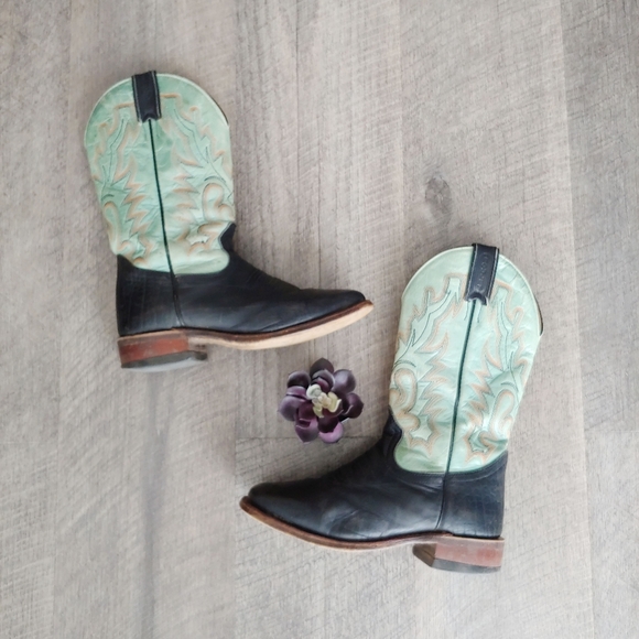 Boulet Shoes - Boulet Cowgirl Green/Black Design Leather Boots